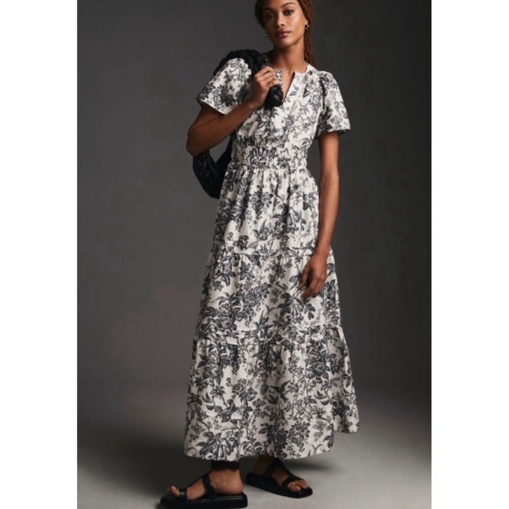 NWT Anthropologie Somerset Toile Tiered Maxi Dress Floral Waist V-Neck XXS